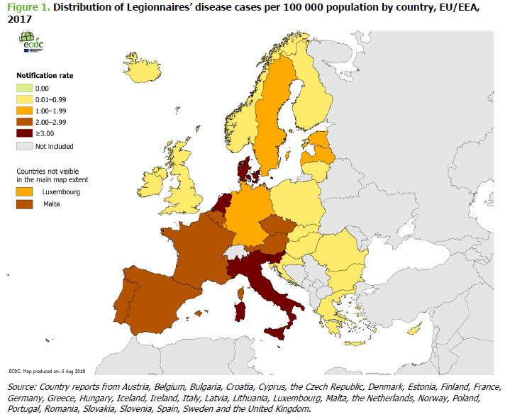 Notifications of Legionnaires disease per 100 000, by reporting country, EU/EEA, 2017, ECDC Tapaukset / 100 000 asukasta Slovenia 4,5 Ruotsi 1,5