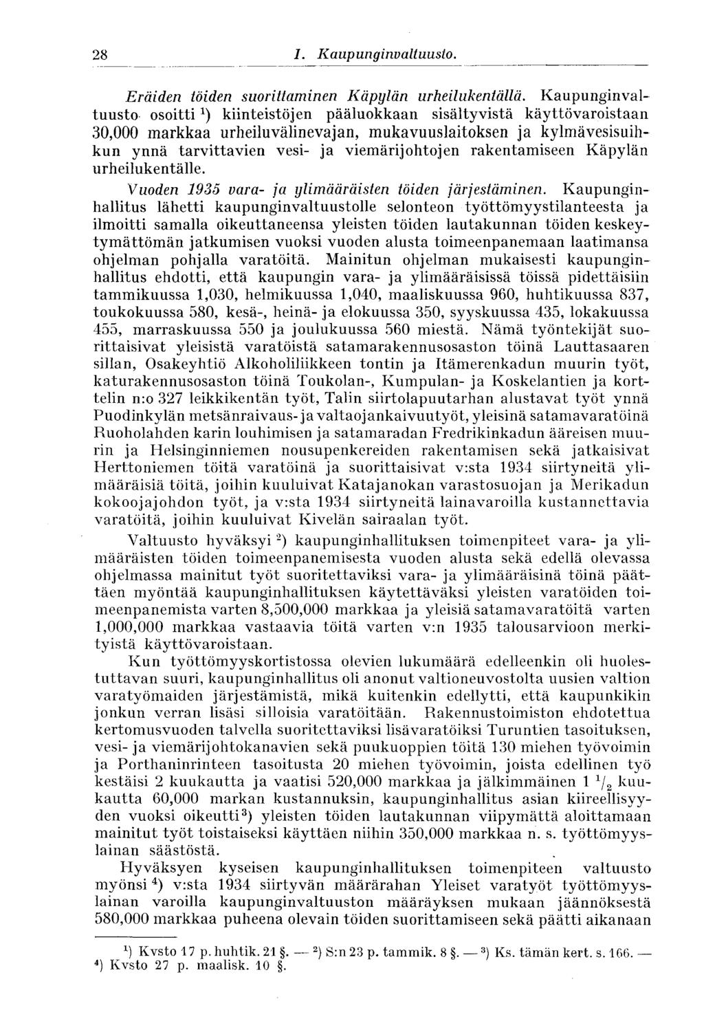 28 I. Kaupunginvaltuusto. Eräiden töiden suorittaminen Käpylän urheilukentällä.