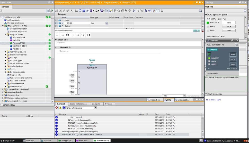 23 5 PLCSIMIN HYÖDYNTÄMINEN SIMULOINNISSA PLCSIM ohjelma toimi tässä työssä ikäänkuin rajapintana SIMIT Simulation Frameworkin ja Tia Portal S7:n kanssa (Kuva 14.).