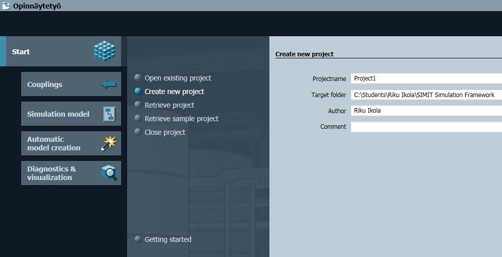24 6 SIMIT SIMULATION FRAMEWORK 6.1 Ohjelmistojen asennus ja projektin luonti Koneelle asennettiin ensin kolme eri ohjelmistoa: SIMIT Simulation Framework V9.0 SIMIT Simulation Framework V9.