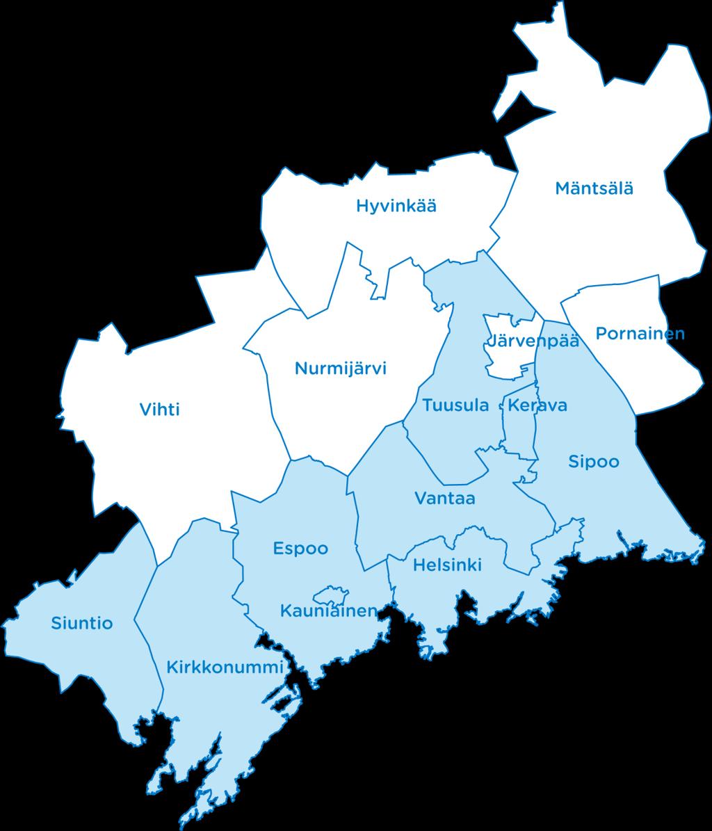 HSL:n yhteistyöalue 9 jäsenkuntaa: Helsinki, Espoo, Kauniainen,