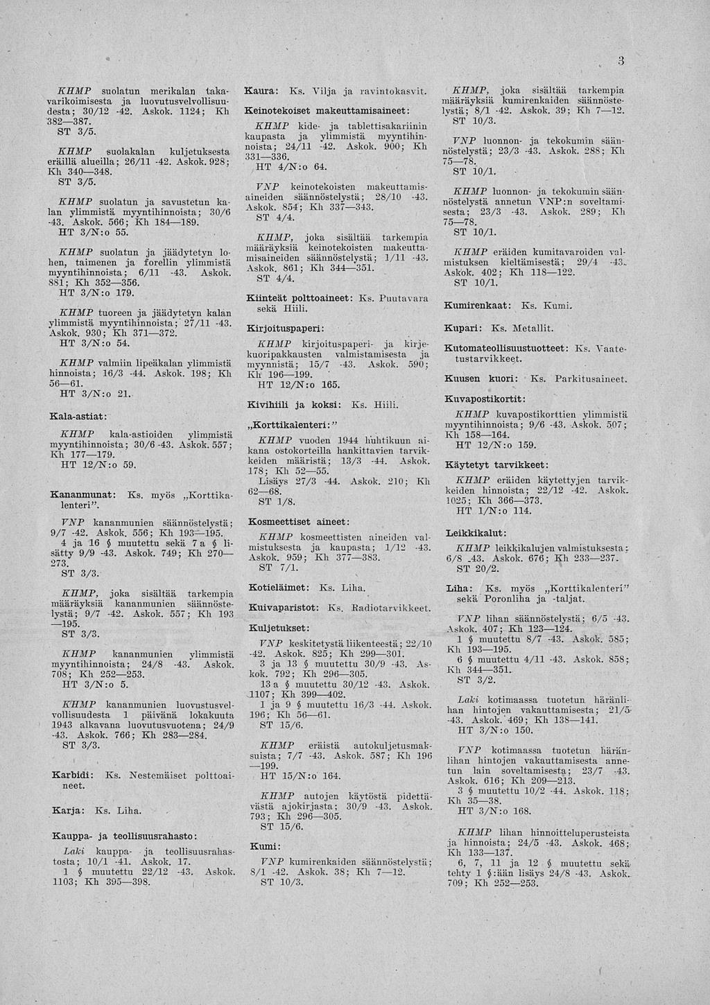 3 KHMP suolatun merikalan takavarikoimisesta ja luovutusvelvollisuudesta; 30/12-42. Askok. 1124; Kh 382 387. ST 3/5. KHMP suolakalan kuljetuksesta eräillä alueilla; 26/11-42. Askok. 928; Kh 340 348.