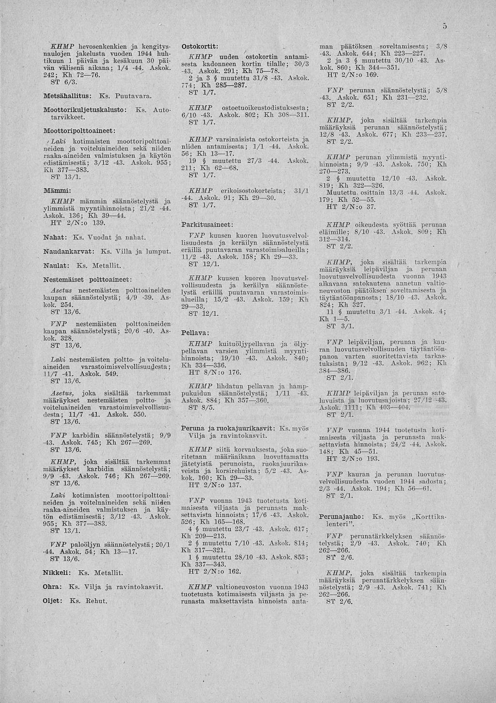5 KHMP hevosenkenkien ja kengitysnaulojen jakelusta vuoden 1944 huhtikuun 1 päivän ja kesäkuun 30 päivän välisenä aikana; 1/4-44. Askok. 242; Kh 72 76. ST 6/3. Metsähallitus: Ks. Puutavara.