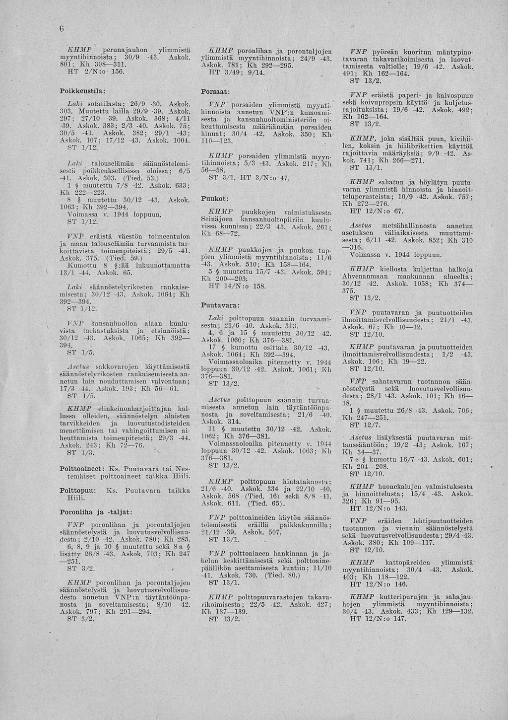 6 KHMP perunajauhon ylimmistä myyntihinnoista; 30/9-43. Askok. 801;, Kh 308 311. HT 2/N:o 156. Poikkeustila: Laki sotatilasta; 26/9-30. Askok. 303, Muutettu lailla 29/9-39. Askok. 297; 27/10-39.