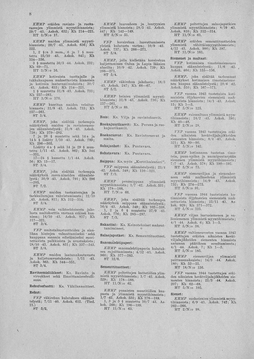 8 KHMP eräiden ravinto- ja ruosarasvojen ylimmistä myyntihinnoista; 29/7-43. Askok. 632; Kh. 214 221. HT 3/N:o 17. KHMP maidon ylimmistä myyntihinnoista; 29/7-43. Askok. 636; Kh 222. 1, 2 :n 3 mom.