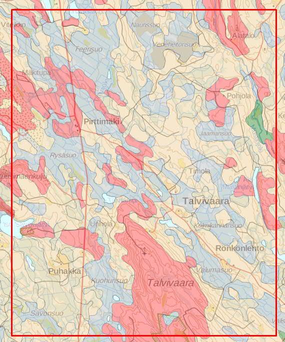 3 ohuen kalliomaan alueisiin (maalajikartan punaiset alueet), joilla irtomaan paksuudeksi oletettiin 1 m, paksun maapeitteen alueisiin (maapeitteenpaksuuskartan