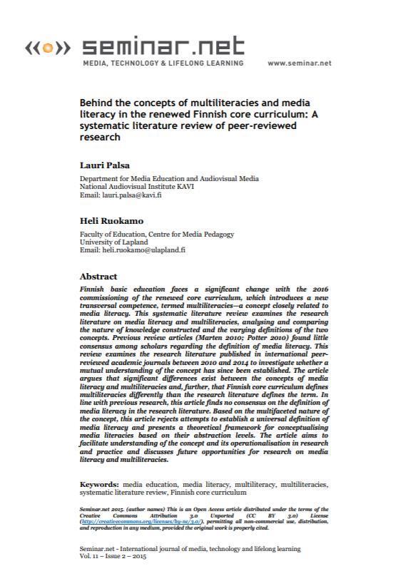 Palsa & Ruokamo: Behind the concepts of multiliteracies and media literacy in the renewed Finnish core curriculum: A systematic literature review of peer-reviewed research Medialukutaitoa on