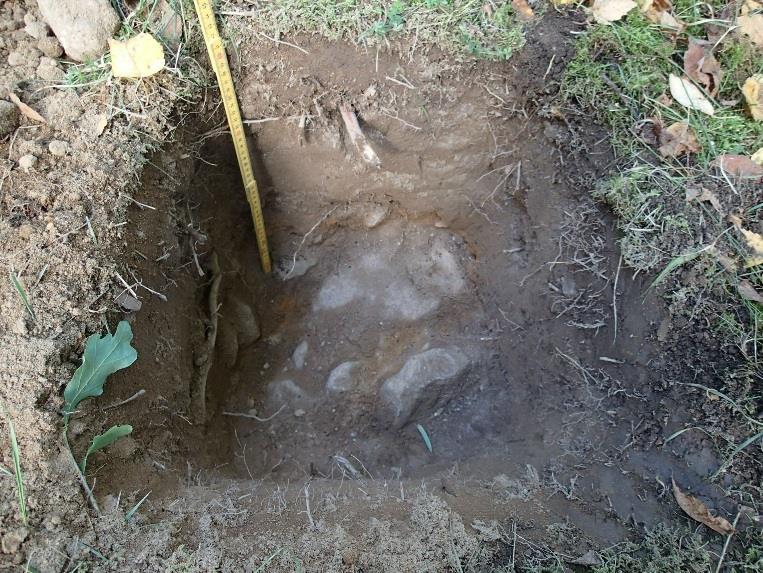 Kerrosjärjestys pinnasta lukien: 0-10 cm multa, 10-33 cm: tummentunut hieta, jonka väri on peräisin todennäköisesti siihen sekoittuneesta humuksesta ja 33-41 cm: