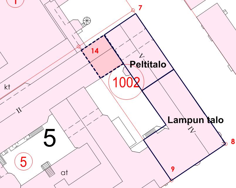 21 Tontin 1002 rakennusoikeuden määrä on yhteensä 5000 k-m 2. Toteutuneen rakentamisen määrä on 5225 k-m 2. Kuva 41. Rakennusten sijainnit tontilla 1002.