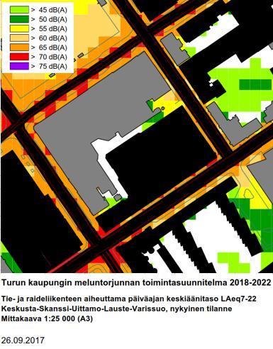 35 Muita melulähteitä ovat varsinkin yöaikaan keskusta-alueella liikkuvat ihmiset sekä rakennusten ilmastointilaitteet. Kuvaote 66. Päivän keskimääräinen melutaso vuoden 2017 liikennemäärillä.