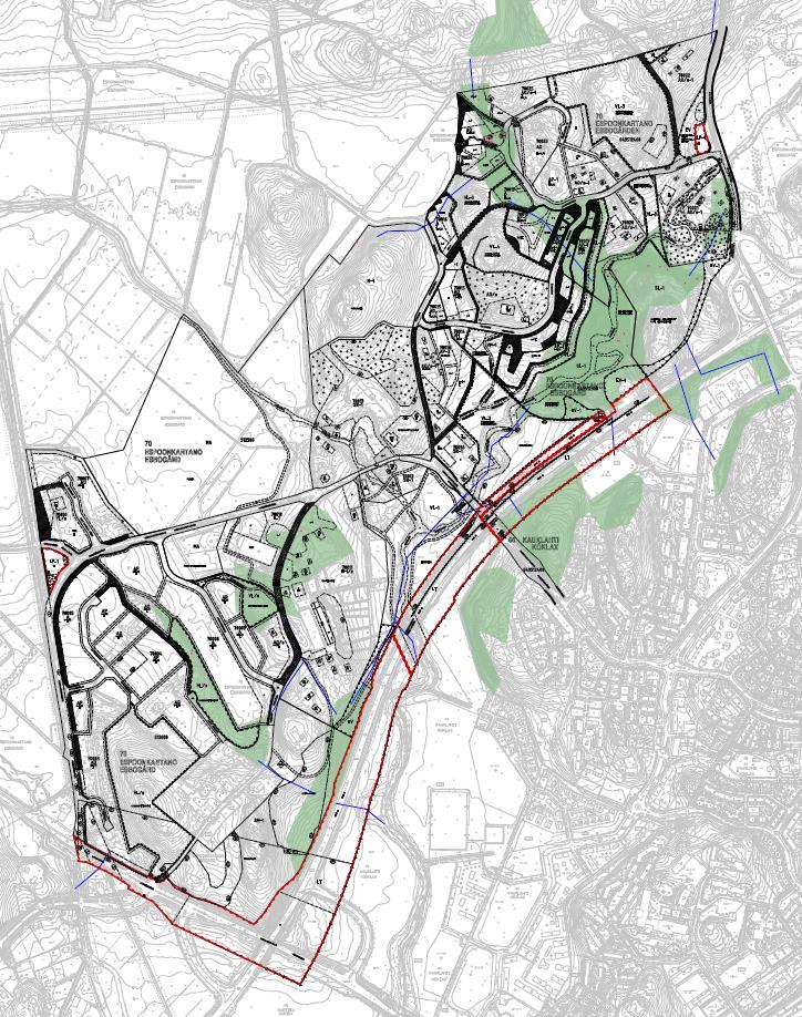 Vuoden 2016 liito-oravaselvityksessä (Ympäristösuunnittelu Enviro ) esitetyt aluevaraukset, pohjalla MRA 27 :n mukaisesti nähtävillä ollut kaavehdotus.