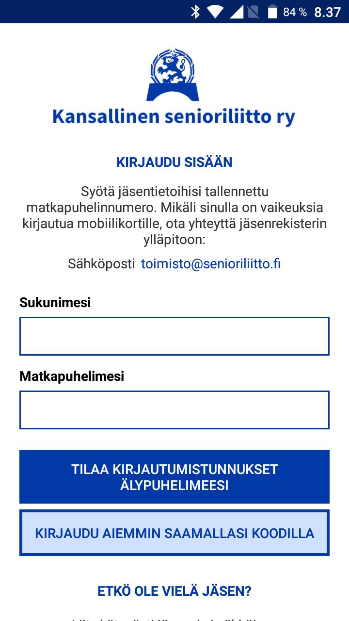 Kun applikaatio on asentunut laitteelle ja olet avannut applikaation, tulee esiin avausnäkymä.