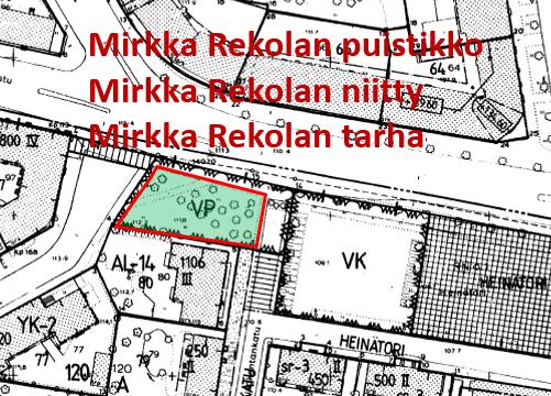 Päätös: Kadunnimitoimikunta esittää Heinätorin ja Ilomäentien välissä olevaa pientä puistikkoa nimettäväksi maineikkaan tamperelaisen, paikan lähellä asuneen runoilija Mirkka Rekolan mukaan nimellä
