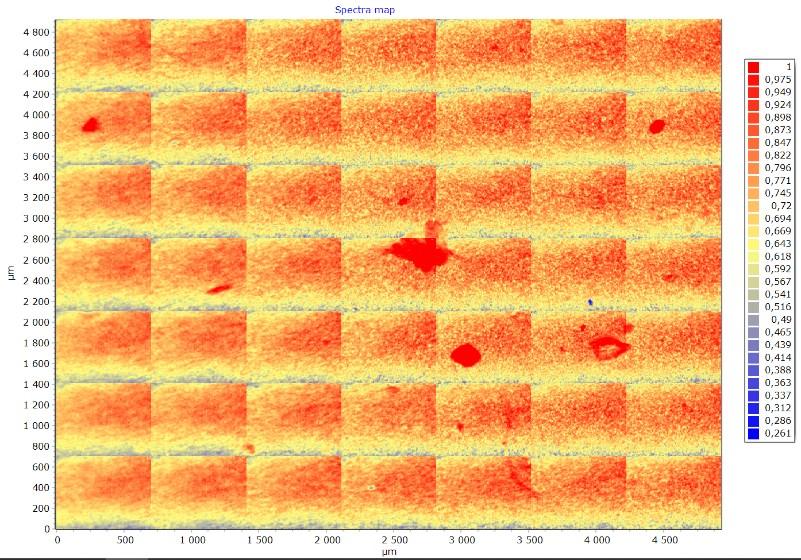 61 a b Kuva 4. FTIRI-laitteen kameralla otettu mosaiikkikuva (a) ja FTIRI-analyysin tuottama 7 x 7 FPA-tiilen kokoinen spektrikartta (b) samalta alueelta näytesuodattimelta HIE 100 µm 1.
