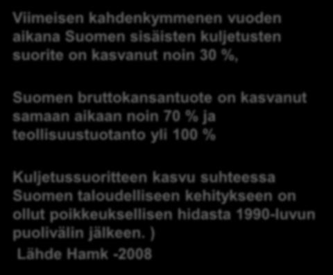 100 % Kuljetussuoritteen kasvu suhteessa Suomen taloudelliseen kehitykseen on ollut poikkeuksellisen hidasta 1990-luvun puolivälin jälkeen.