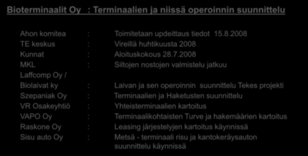 Missä mennään??? Bioterminaalit Oy : Terminaalien ja niissä operoinnin suunnittelu Ahon komitea : Toimitetaan updeittaus tiedot 15.8.