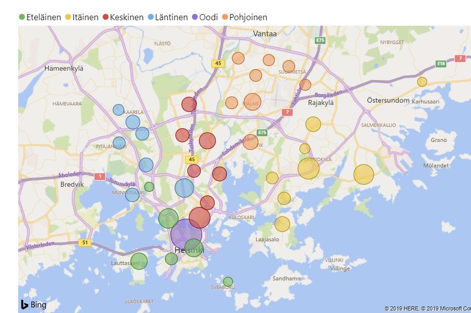 Kaikkialla Helsingissä on vilkasta Lainat kartalla kirjastoittain,