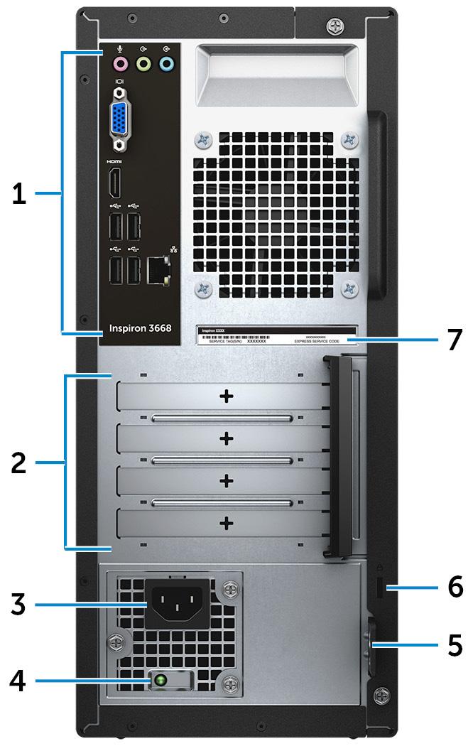 Takana 1 Taustapaneeli USB-, audio-, video- ja muiden laitteiden liittämiseen. 2 Laajennuskorttipaikat Tarjoaa pääsyn asennettujen PCI Express -korttien portteihin.
