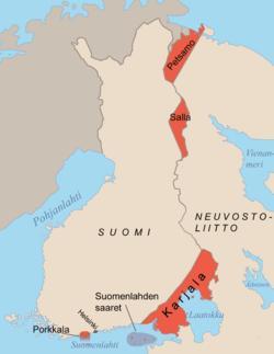 Tässä näet punaisella ne alueet, jotka Suomineito on menettänyt sodissa. Löydätkö missä lukee Karjala? Kyllä, siellä Laatokan rannalla.