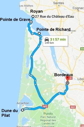 Maanantai 1.7.2019 (päivä 9) Viimeiset majakat ja hiekkadyyni, 250 km, 4 tuntia. Yöpyminen Bordeauxissa.