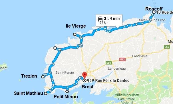Keskiviikko 26.6.2019 (päivä 4) 160 km, noin 3 tuntia Roscoff-Brest. Ehkä ensin käynti Roscoffin edustalla olevalla saarella. Vaihtoehtona käynti Ile Vierge-majakalla (veneretki). Yöpyminen Brestissä.