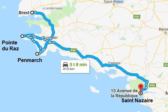 Torstai 27.6.2019 (päivä 5) Brest Saint Nazaire 400 km, Nantesiin noin 450 km, noin viisi tuntia. Käynti Ranskan länsikärjessä Pointe du Razissa, josta näkee useita majakoita.