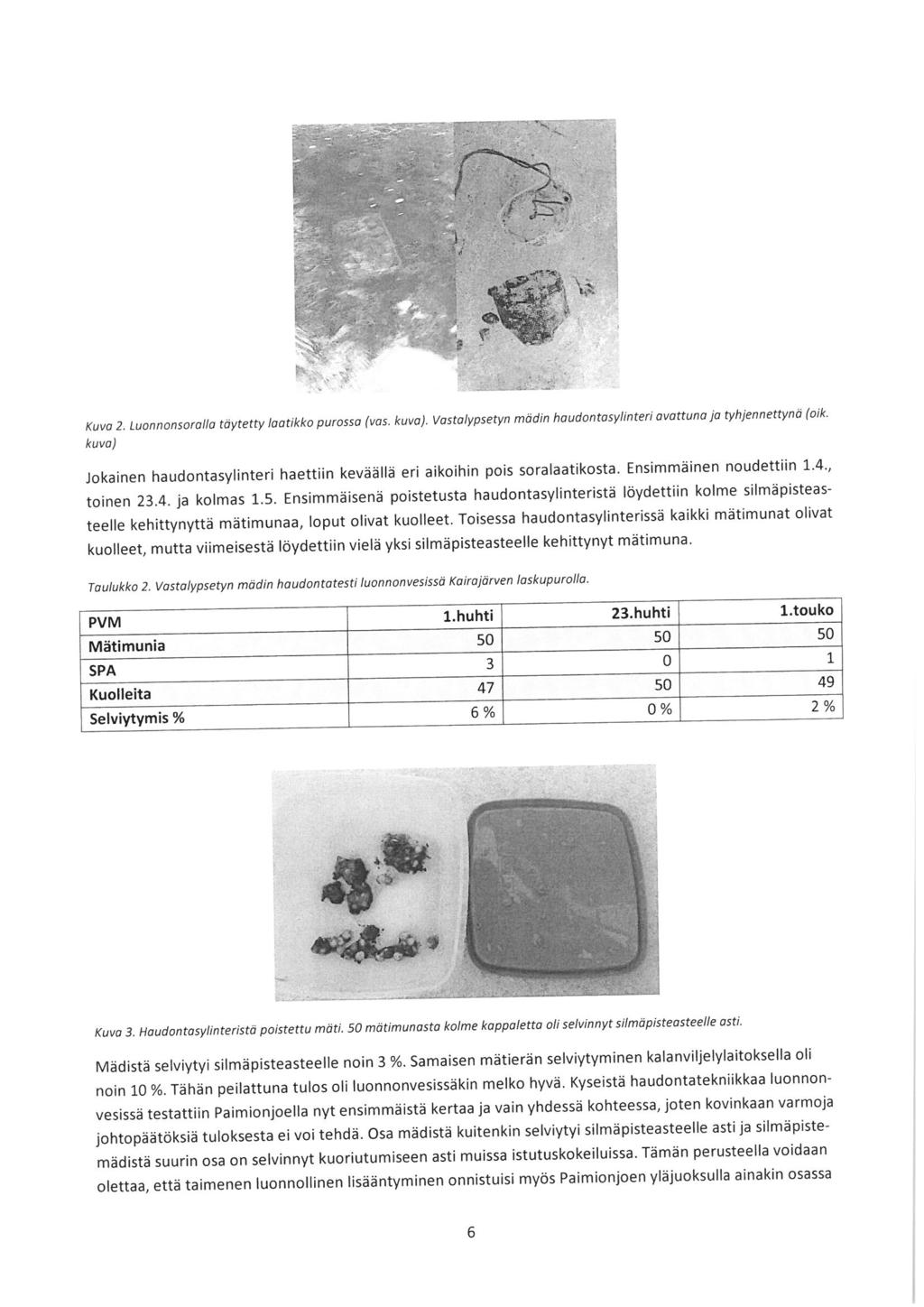 KU. O 2. iuonnonsoralla täytetty laatikko purossa (.as. ku.a). Vastolypsetyn mädin haudontosylinteri avattuna ia tyhjennettynä (o;k.