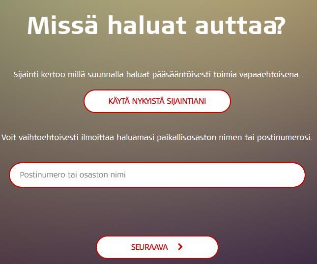 Tärkeimmät kysyttävät tiedot ovat toiminta-alue ja yhteystiedot. Toimintaalue on postinumero, jonka perusteella käyttäjäprofiili ohjautuu tiettyyn Punaisen Ristin osastoon.