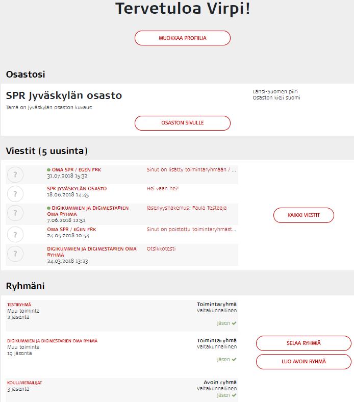 Käyttäjäprofiilin etusivu Kirjautumisen jälkeen avautuu käyttäjäprofiilin etusivu. Sivulla on näkyvissä käyttäjäprofiilin postinumeron mukainen osasto.