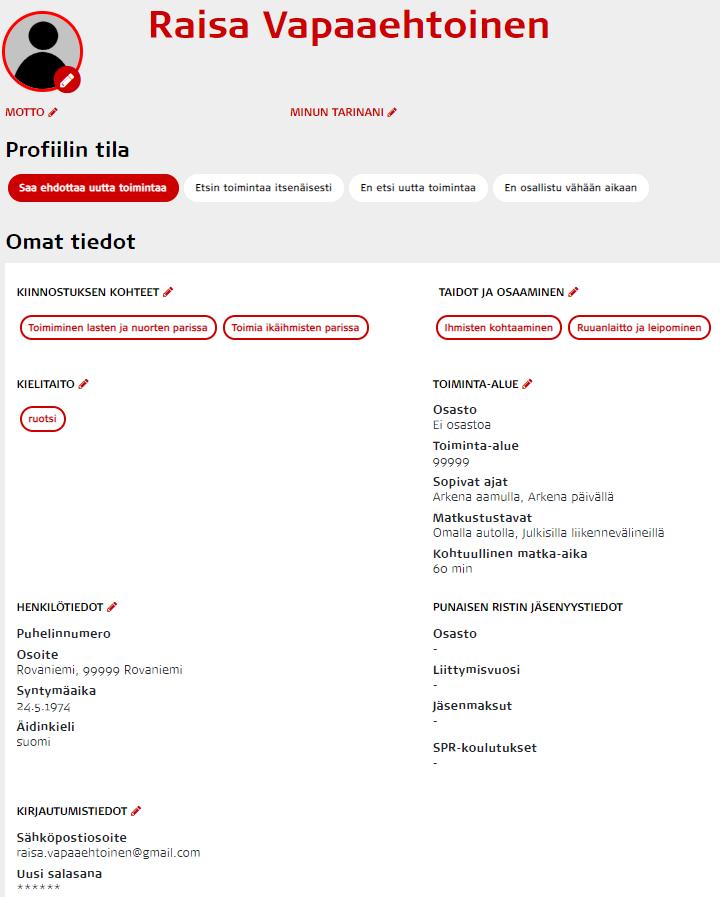 Käyttäjäprofiilin tietojen muokkaaminen ja salasanan vaihtaminen Käyttäjäprofiilin tietojen muokkaamissivulla voi muuttaa profiilin luomisen yhteydessä ilmoittamiaan tietoja sekä kertoa itsestään