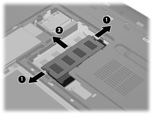 6. Työnnä akun vapautussalpaa (1), kunnes akku vapautuu, ja irrota sitten kansi nostamalla (2). 7. Jos olet vaihtamassa muistimoduulia, irrota nykyinen muistimoduuli: a.