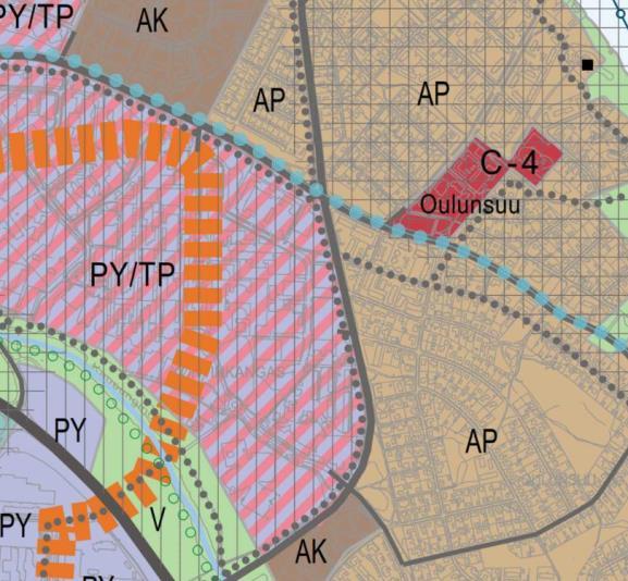 2 Suunnittelutilanne Voimassa olevat kaavat Uuden Oulun yleiskaavassa (kaavakartta 2; keskeinen kaupunkialue 2030) suunnittelualue on osoitettu PY/TP merkinnällä: sekoittunut palvelujen ja