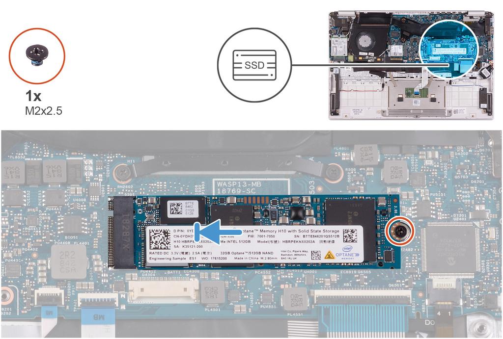 1 Kohdista SSD-aseman lovi SSD-asemapaikan kielekkeen kanssa ja työnnä SSD-asema emolevyn SSD-asemapaikkaan. 2 Asenna ruuvi (M2x2.5), joka kiinnittää SSD-aseman emolevyyn.