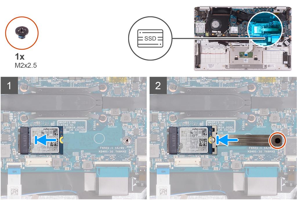 1 Kohdista SSD-aseman lovi SSD-asemapaikan kielekkeen kanssa ja työnnä SSD-asema emolevyn SSD-aseman paikkaan. 2 Työnnä SSD-aseman kiinnike emolevyn SSD-asemapaikkaan. 3 Asenna ruuvi (M2x2.