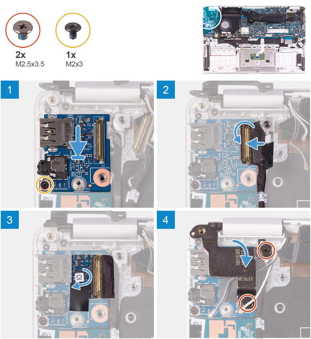 5 Irrota ruuvi (M2x3), jolla I/O-kortti on kiinnitetty kämmentuki- ja näppäimistökokoonpanoon. 6 Nosta I/O-kortti irti kämmentuki- ja näppäimistökokoonpanosta.