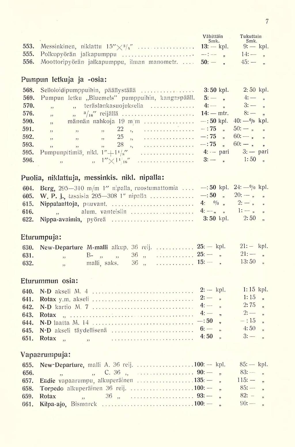 : kpl kpl 21; 13:50 1:15 3: 82: 90: 50: 14: 60; 60: Vähittäin Smk Tukuttain Smk 553 Messinkinen mklattu 15X 3 /* 13:kpl 9: kpl 555 Polkupyörän jalkapumtppu : 556 Moottoripyörän jalkapumppu ilman