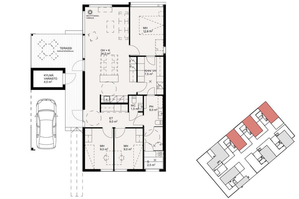 D VARATTU 96,0m² 4h + k Myyntihinta: 77 400 Velaton: 258 000 Puiston reunalta löytyy kolme samanlaista hirsitaloa. Niiden lasikattoiselle terassille aurinko pääsee paistamaan aamusta iltaan.