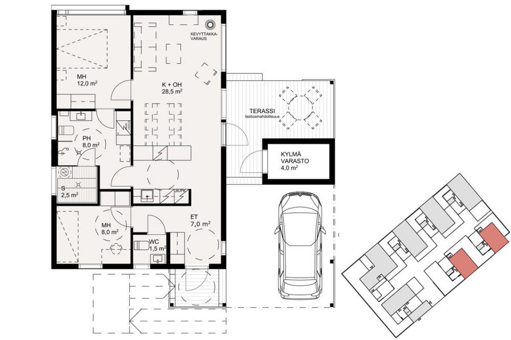 F VARATTU 70,0m² 3h + k Myyntihinta: 57 300 Velaton: 191 000 Etelään avautuvat terassi on mahdollista lasittaa.