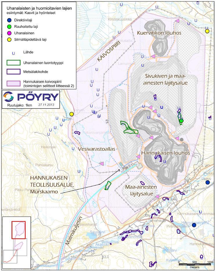 Kuva 1. Lapinkämmekän esiintymä Hannukaisen kaivosalueella on esitetty merkinnällä rauhoitettu laji (tiedot Ympäristövaikutusten arviointiselostuksen mukaan: Northland Mines Oy 2013).