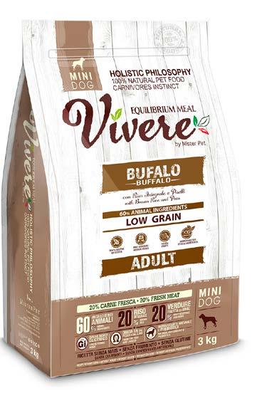 Free range buffalo Kuivattu buffalonliha 26%, tuore luuton buffalonliha 20%, tumma riisi 20%, kalkkunan ja kananrasva 11%, herne, härkäpapu, pellavansiemen 4%, hydrolysoitu maksa 3%, hiiva, kuivattu