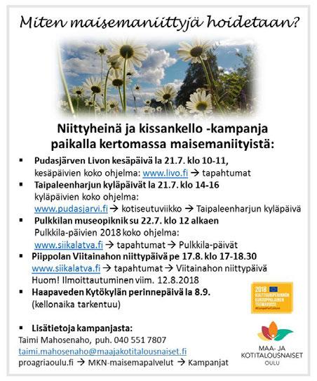 Mainos tulevista niittytapahtumista 19.7. Tervetuloa tutustumaan Oulun Maa- ja kotitalousnaisten ja kylien yhteisiin Niittyheinä ja kissankello esittelyihin.