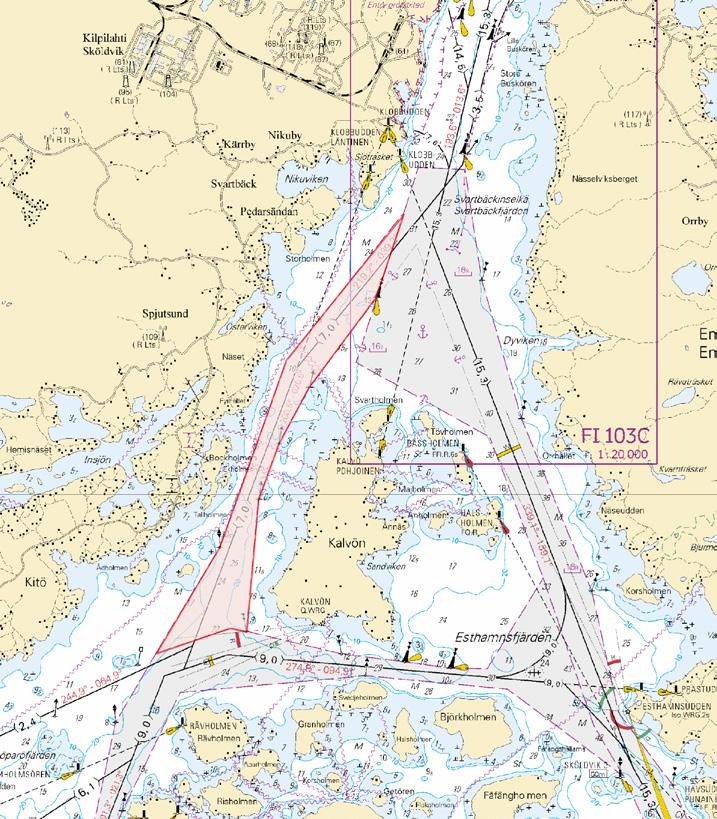 Finland. Finska viken. Borgå. Kalvöleden (7.0 m). Farledsavsnittet avstängt under vintersäsongen. Farleder Finland. Gulf of Finland. Porvoo. Kalvö channel (7.0 m). Channel section closed for the winter season.