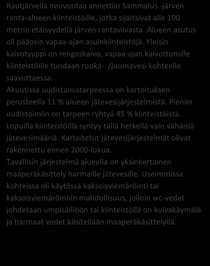 toteuma 50 % TILASTOTIETOA KARTOITUS- JA NEUVONTAKÄYNNEILTÄ kpl % Asutuksen tyyppi (vakituinen / vapaa-aika) 2 / 7 22 / 78 Asukasmäärä 14 Vedenhankinta (vesijohto/ oma kaivo) 0 / 4 0 / 100