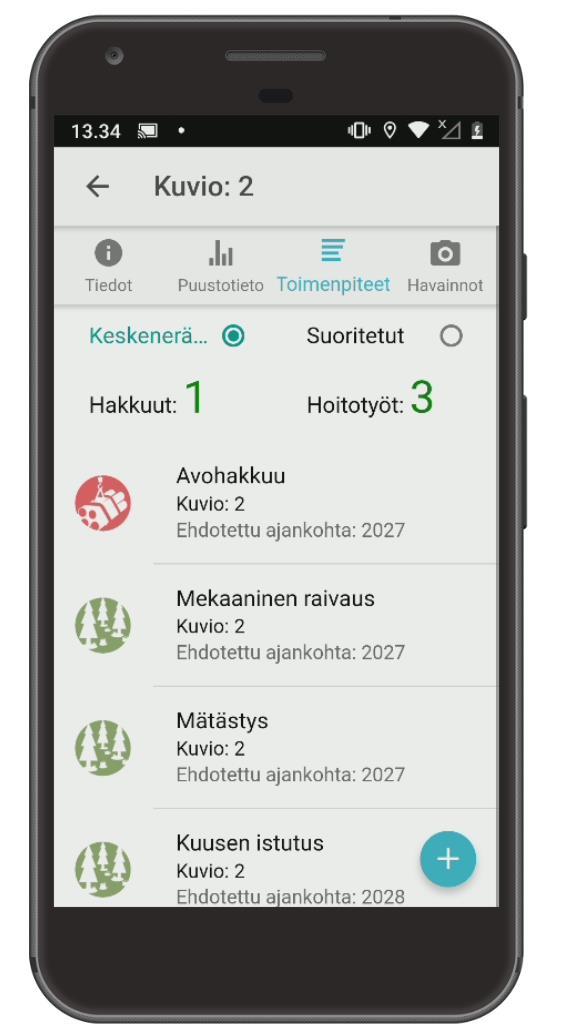 Havaintojen lisääminen Havaintoja voidaan lisätä + painikkeesta.