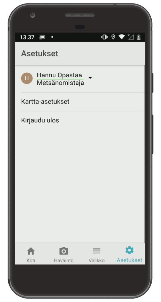 Asetukset Vaihda käytettävää tiliä painamalla valikkoa.