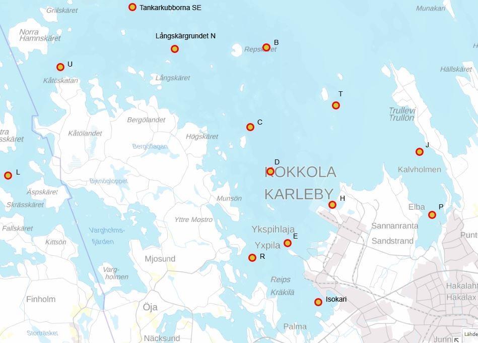 Kuva. Kokkolan edustan merialueen laajennetun pohjaeläintarkkailun näytepaikat. (Iso-uisku ).