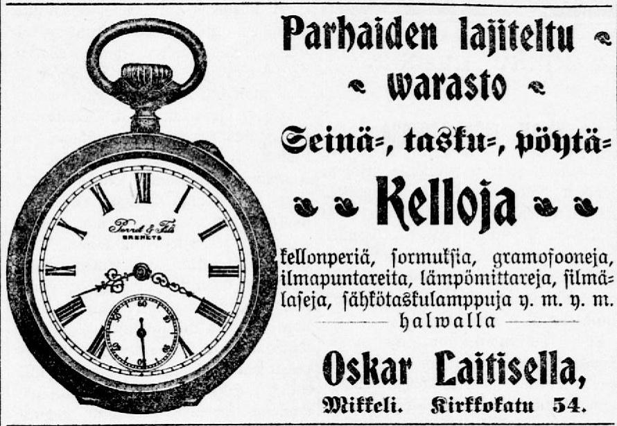 Kuva 2. Kelloliikkeen mainos vuodelta 1908 (Vapaus, 07.11.1908, nro 125, s. 4) Alkuvaiheessa hakuja toteutettiin useamman projektityöntekijän voimin.