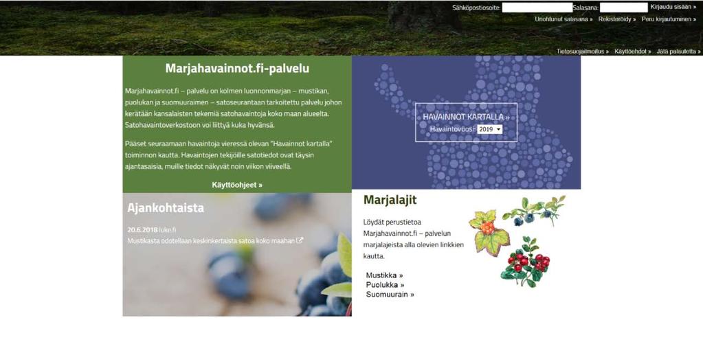 Marjahavaintojen tallennus Marjahavainnot.fi järjestelmään Kaikki marjasatoseurannan havainnot kirjataan Luonnonvarakeskuksen ylläpitämään sähköiseen seuranta- ja tiedotusjärjestelmään.