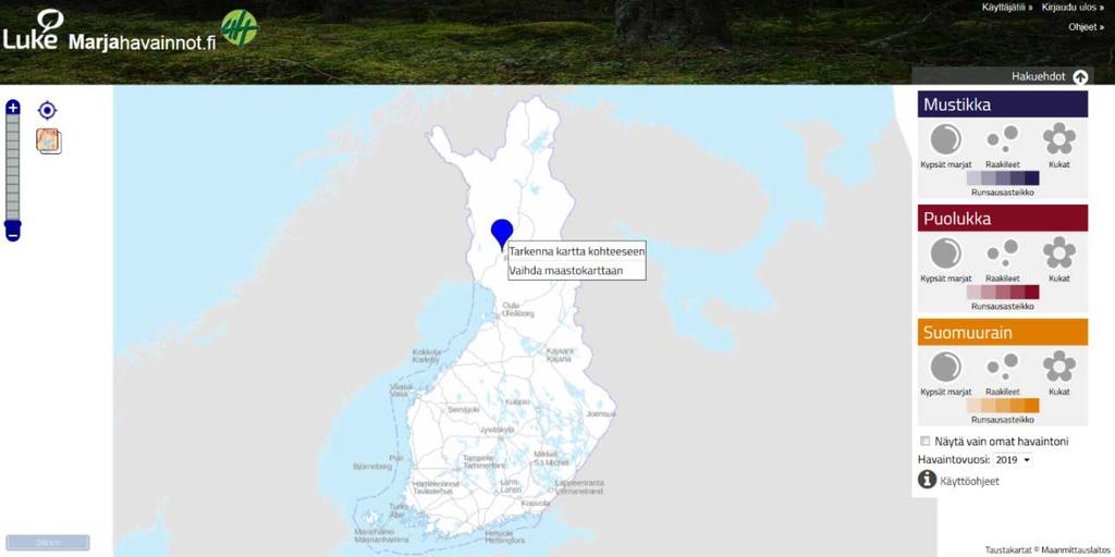 2.3. Kun olet klikannut havainnot kartalla kohtaa, näytölläsi on Suomen kartta. Voit vaihtaa karttapohjaksi maastokartan vasemmassa yläkulmassa olevalla painikkeella.