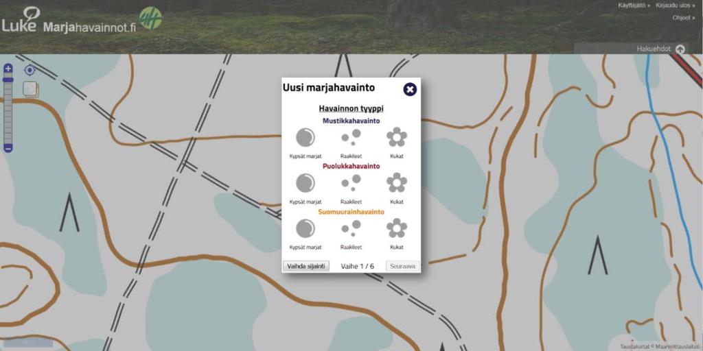 2.5. Kun sijaintia merkitsevän symbolin kärki on tarkasti havaintometsäsi kohdalla, klikkaa laatikkoa Lisää uusi havainto tähän. Havaintojen tallennuslaatikko aukeaa nyt näytölle.